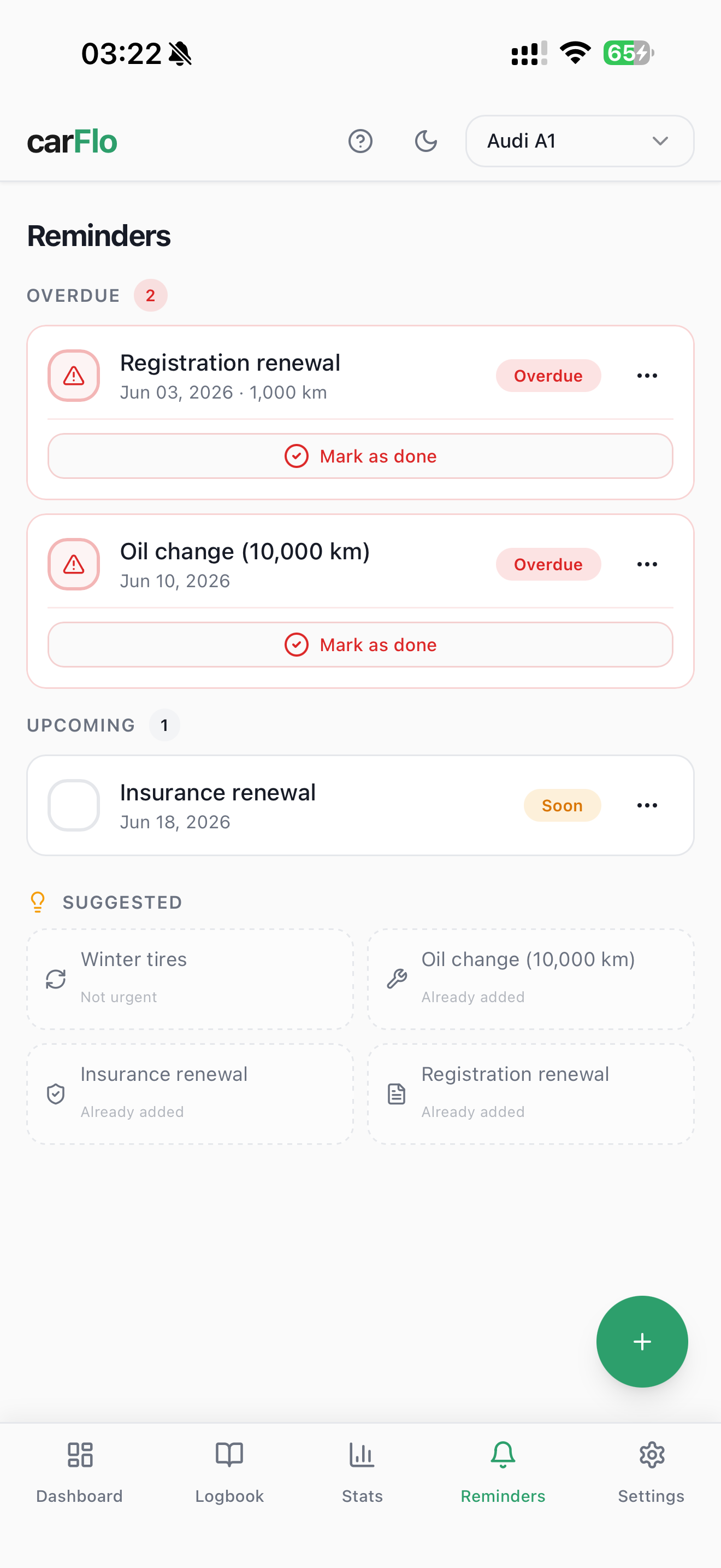 Reminders screen